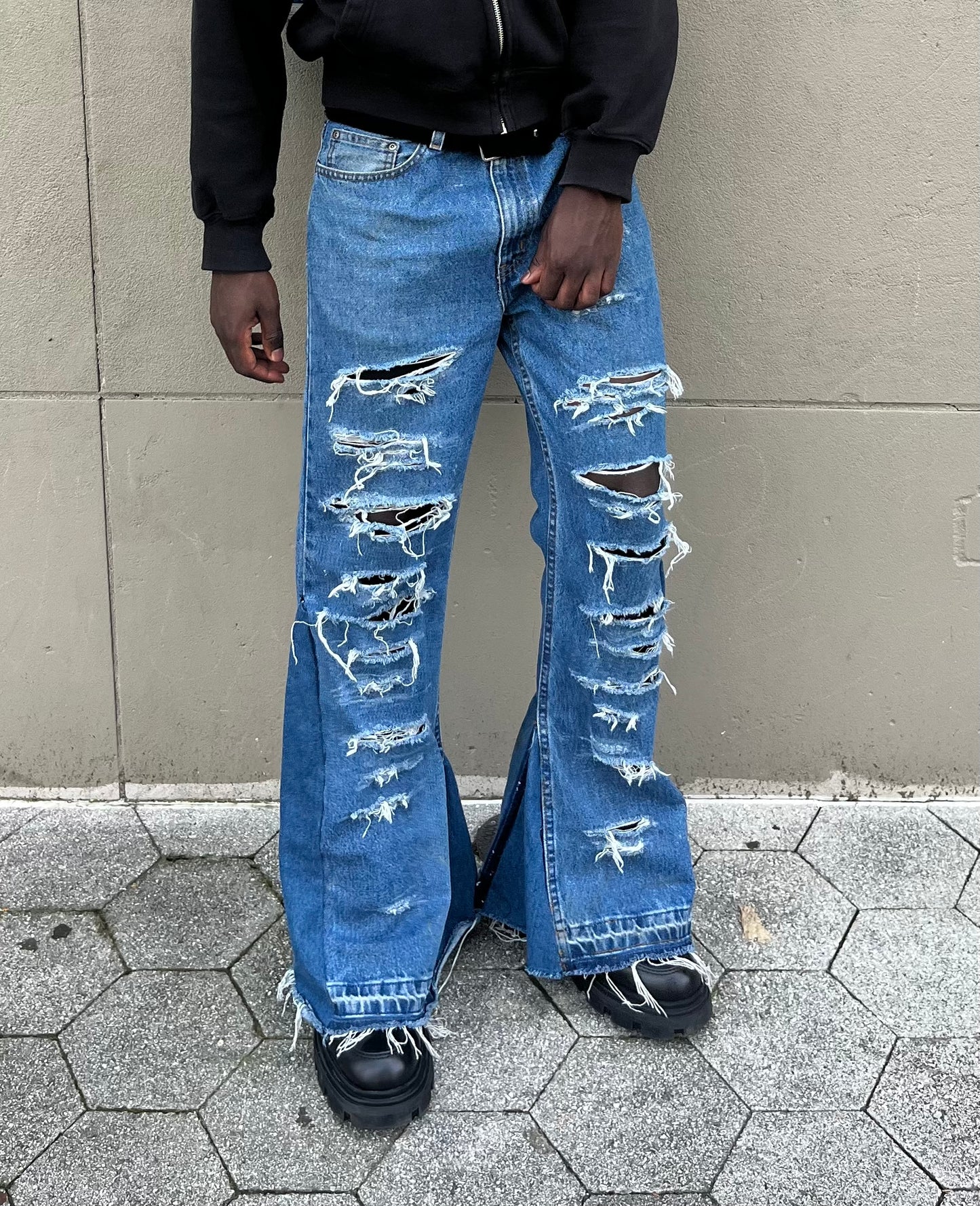 Flared Distressed Denim (Dark Blue)